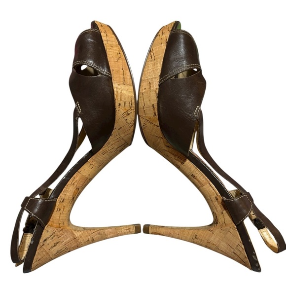 Marc Fisher Women’s 8.5 Brown Leather Cork Platform Slingback Heels Shoes - Picture 9 of 12